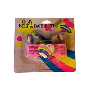 Vintage 80s Child's Belt & Barrettes Rainbow Heart‎ Hair Accessories Girl NOS